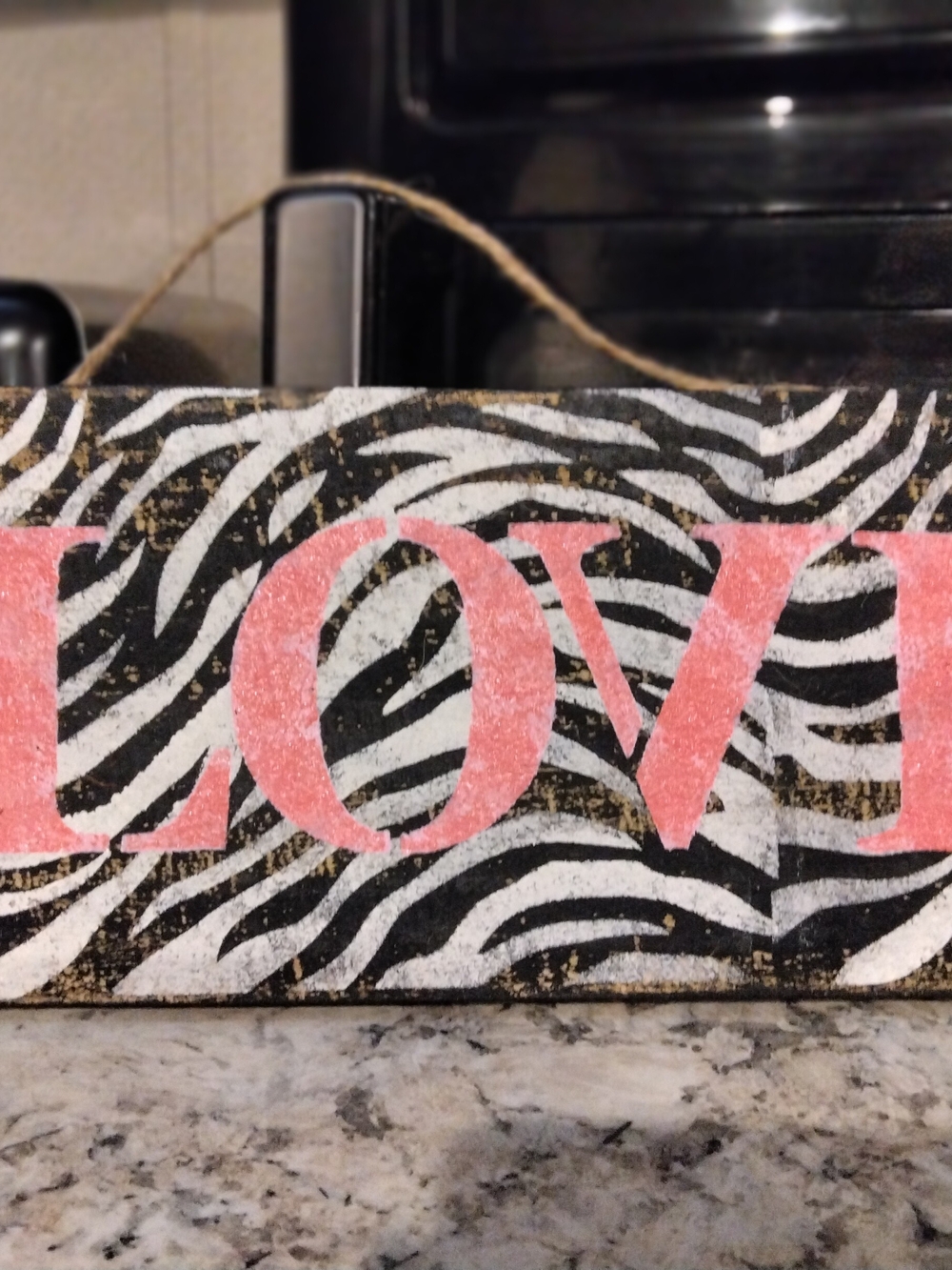 Handmade Wood Hanging Sign "LOVE" Black/White Zebra Print Pink Letters 12"X5.5"